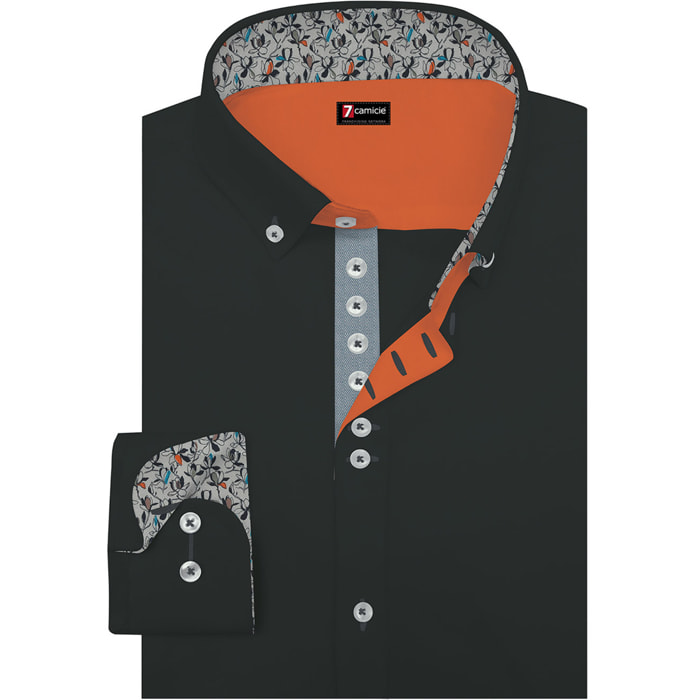 Camicia Uomo 1 Bottoni Button Down Slim Popeline Stretch Unito Nero