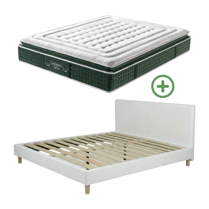 Ensemble matelas Jade & lit fixe Colisée | Mémoire de forme et ressorts ensachés | cadre à lattes | Simili cuir | Blanc