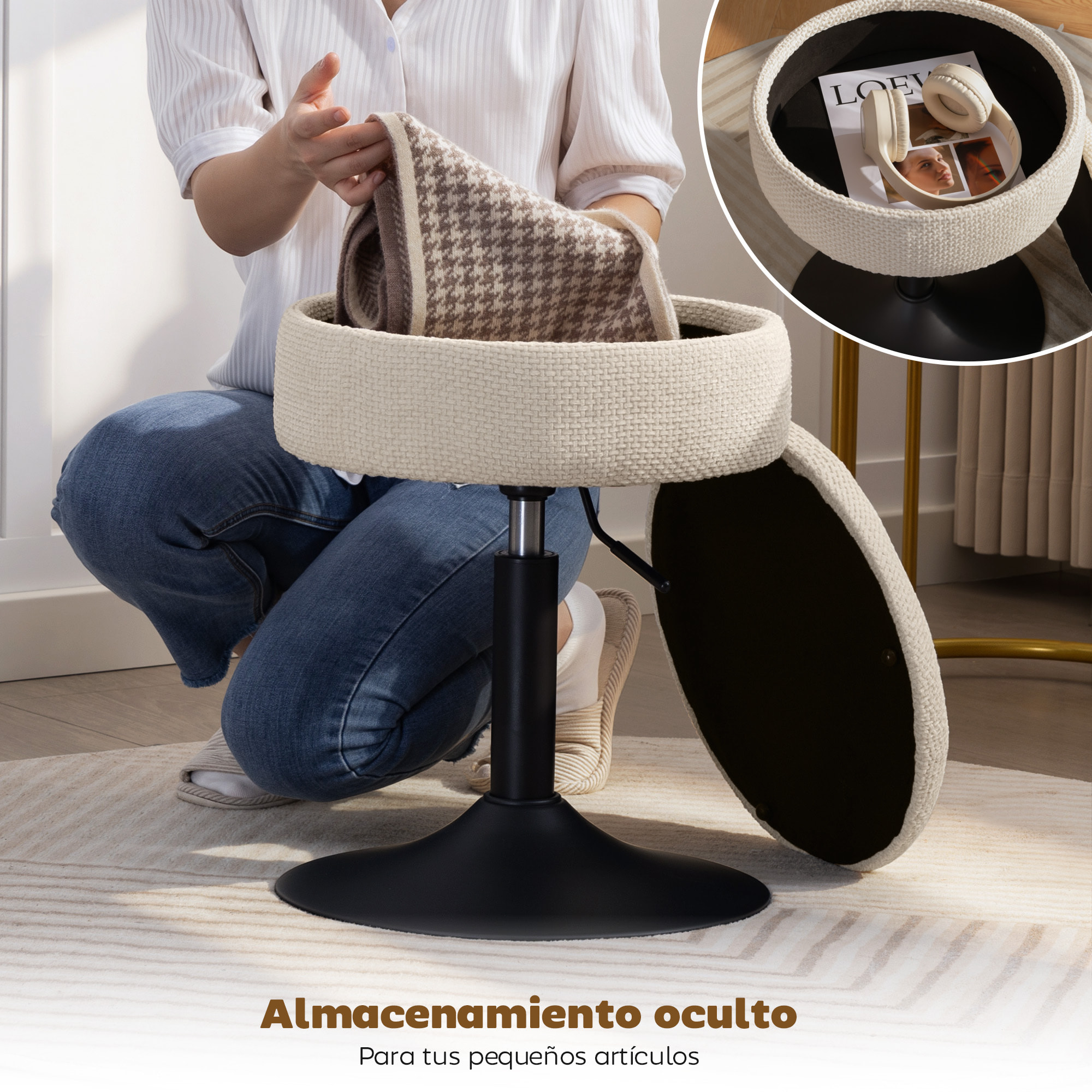 Taburete de Bar con Almacenaje, Altura Ajustable, Taburete de Cocina Redondo, Giratorio, Tapizado en Chenilla, Base de Acero, Diseño Botones, Acolchado, para Salón, Comedor, Oficina, Beige