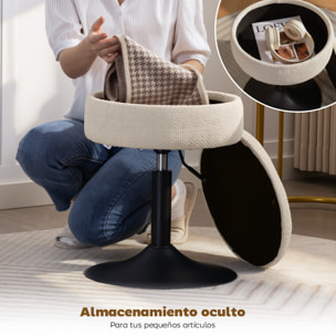 Taburete de Bar con Almacenaje, Altura Ajustable, Taburete de Cocina Redondo, Giratorio, Tapizado en Chenilla, Base de Acero, Diseño Botones, Acolchado, para Salón, Comedor, Oficina, Beige