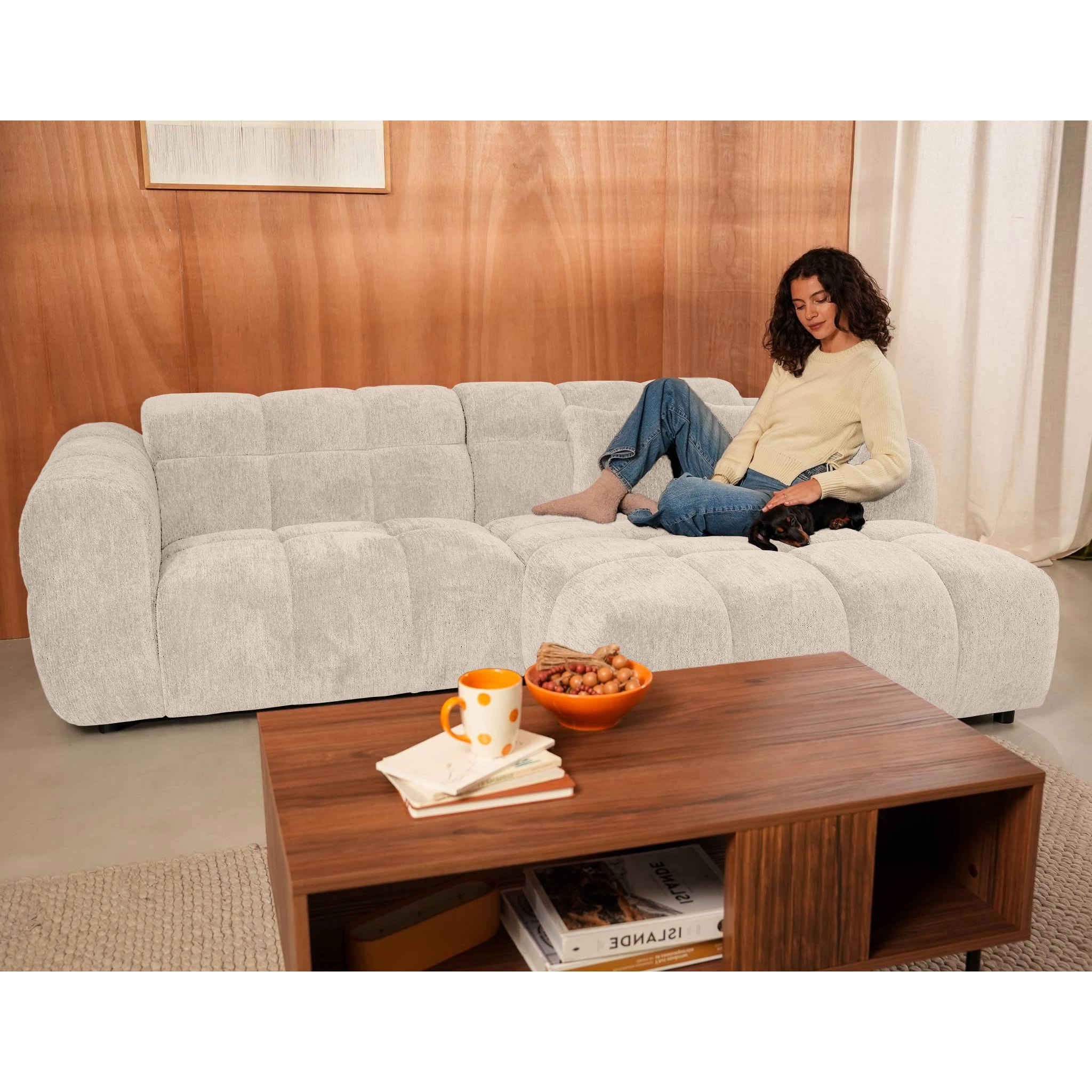 Mini Ray - Canapé d'angle droit 4 places en tissu texturé - Beige