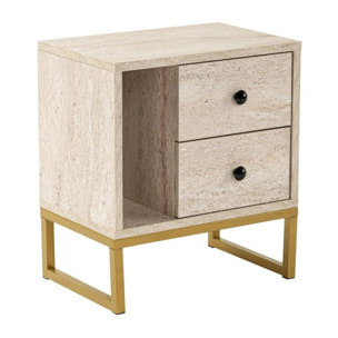 Table de nuit 2 tiroirs, 1 niche - effet travertin JENA