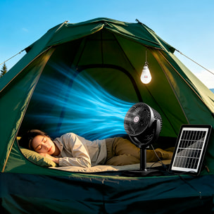 Ventilador para exteriores F32. Con 5 velocidades y 4 alturas. Batería de larga duración con función powerbank. Incluye panel solar y lámpara LED.