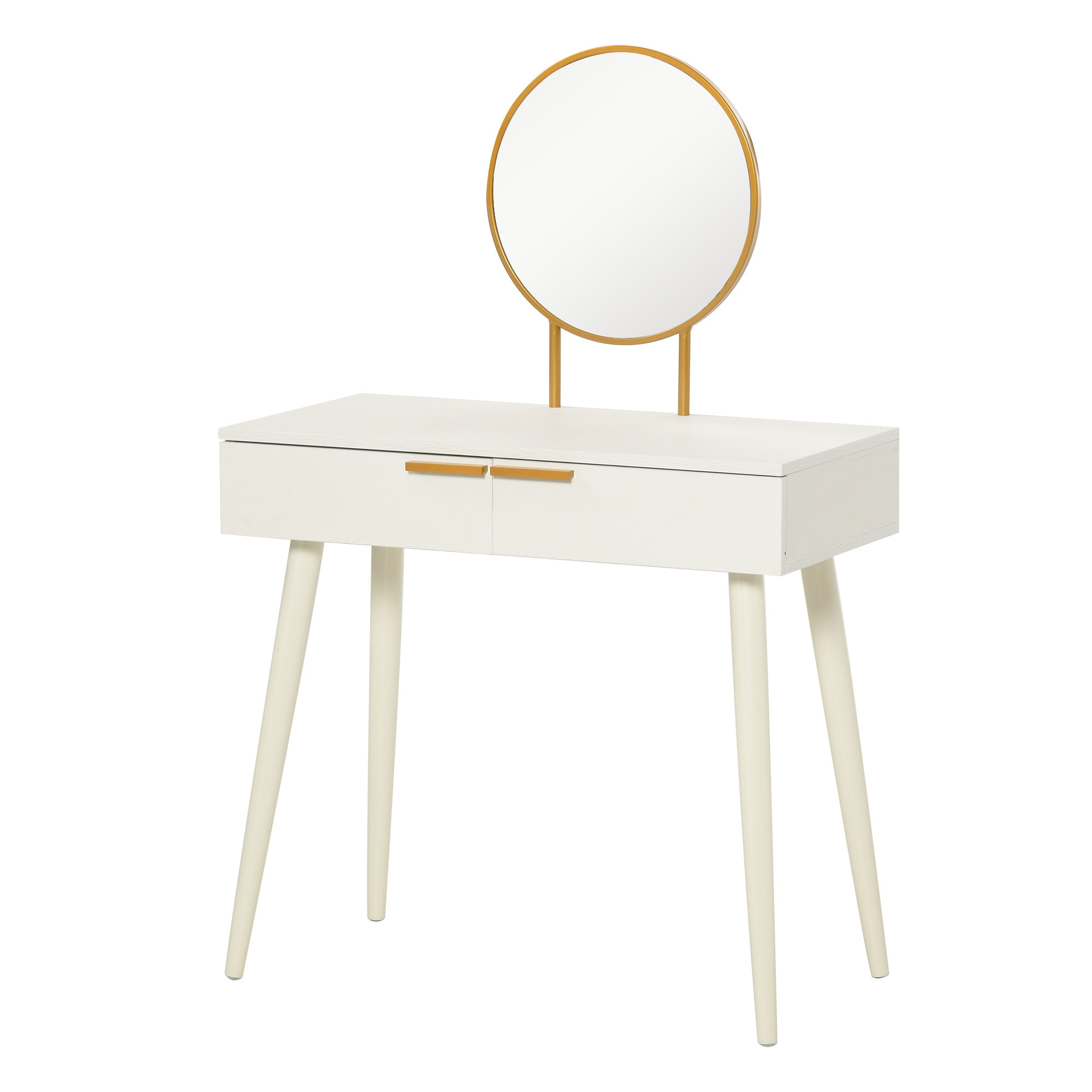 Coiffeuse miroir rond style Art déco - 2 tiroirs - piètement effilé bois - métal doré effet bois blanc