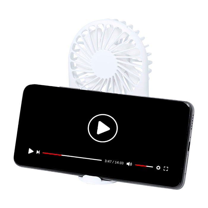 Ventilador portátil con 3 velocidades, soporte integrado para smartphone y batería recargable de 300 mAh.