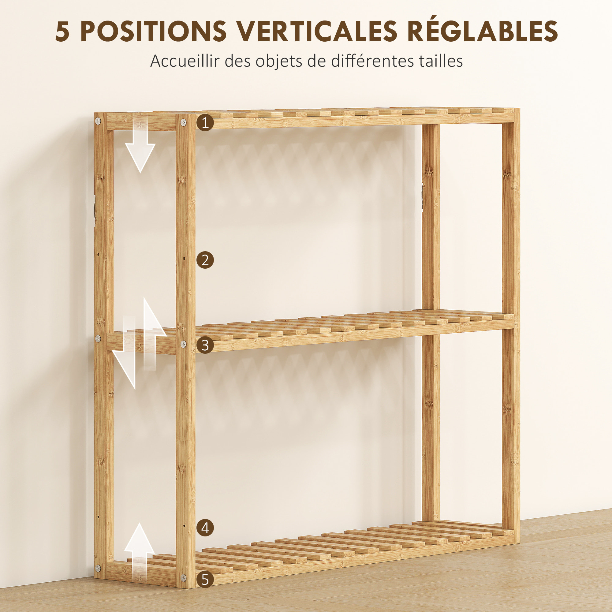 Étagère salle de bain bois bambou verni 3 niveaux réglables étagères à lattes dim. 43 x 31 x 80 cm