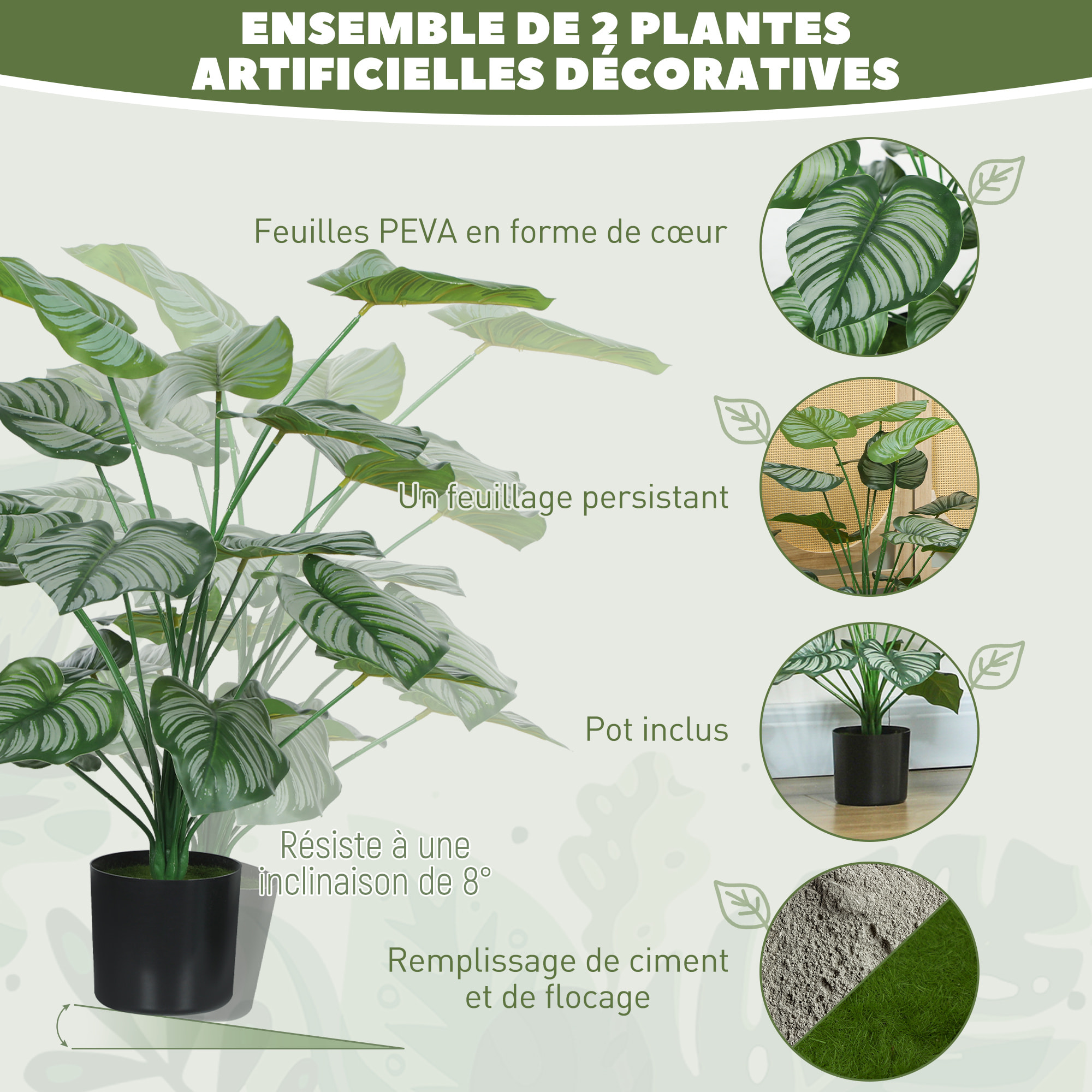 Lot de 2 plantes artificielles H.65cm 18 feuilles par plante pots inclus