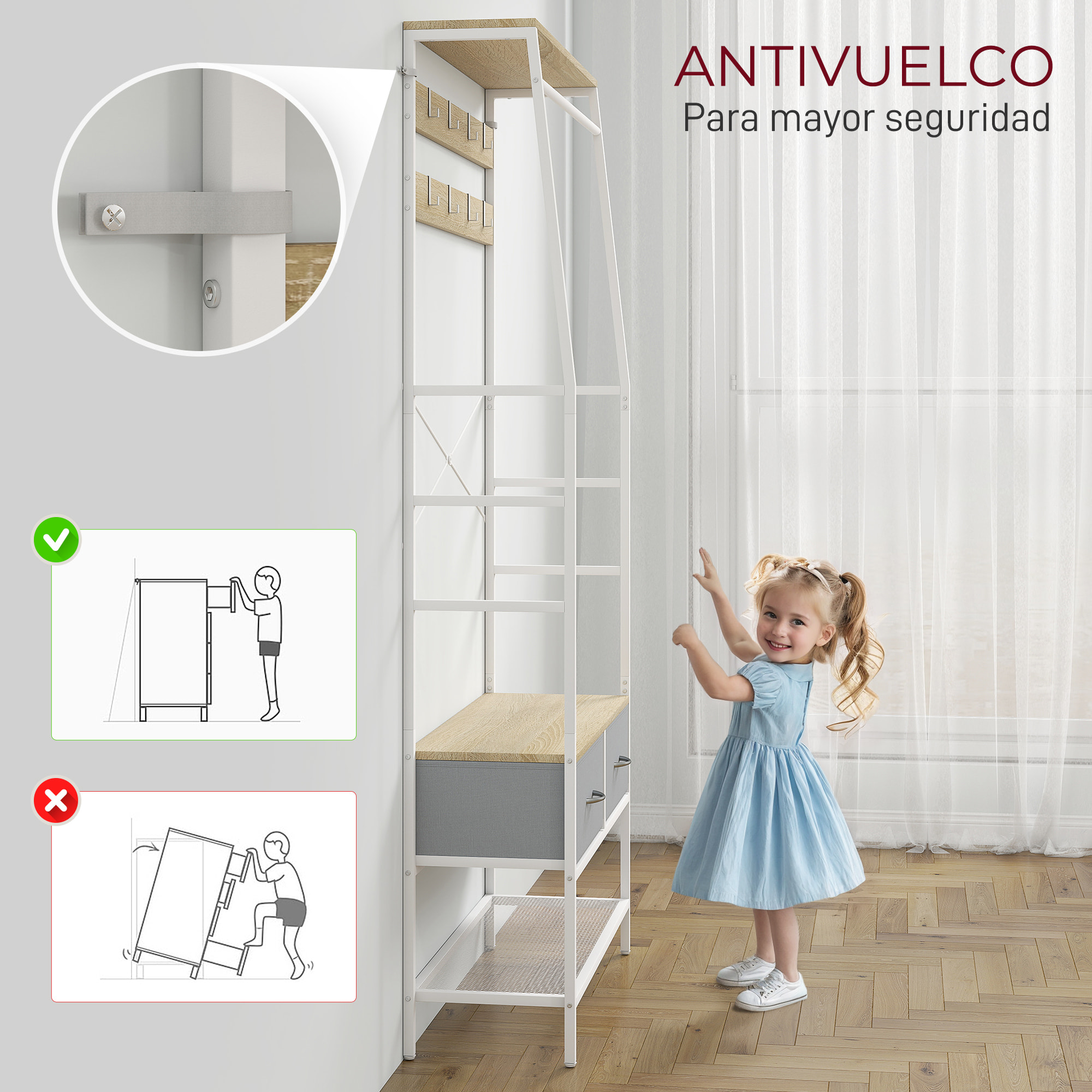 Perchero Zapatero Perchero Entrada Recibidor con Zapatero 8 Ganchos 2 Cajones de Tela Barra Estante de Malla Estilo Industrial para Pasillo Dormitorio Salón 80x30x180,5 cm Natural