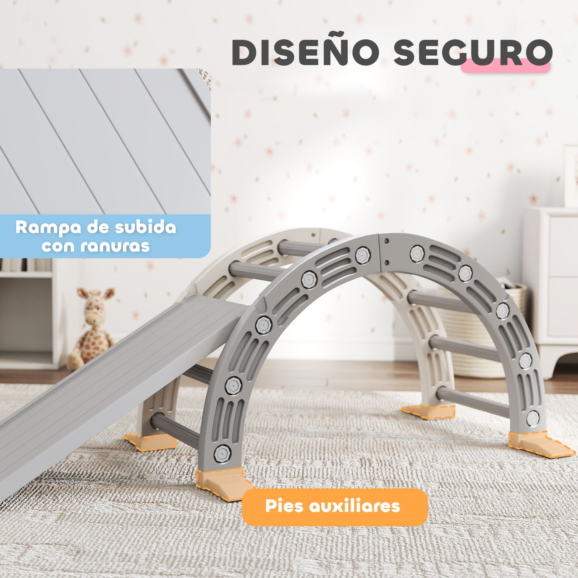 Juguete de Escalada para Niños 4 en 1 con Arco de Escalada, Mecedora, Rampa y Tobogán, Juguete de Plástico para Niños de 18-48 Meses, para Interior y Exterior, Gris y Blanco