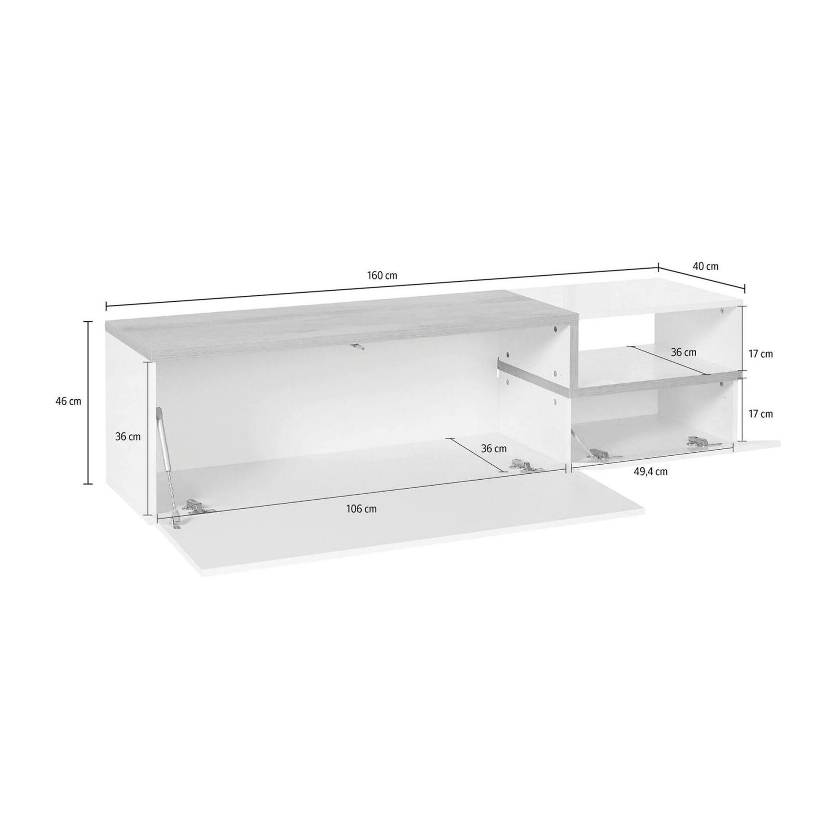 Mobile da soggiorno Porta TV, Made in Italy, Supporto per TV a 2 ante, Porta TV da salotto, cm 160x40h46, colore Bianco lucido e Acero