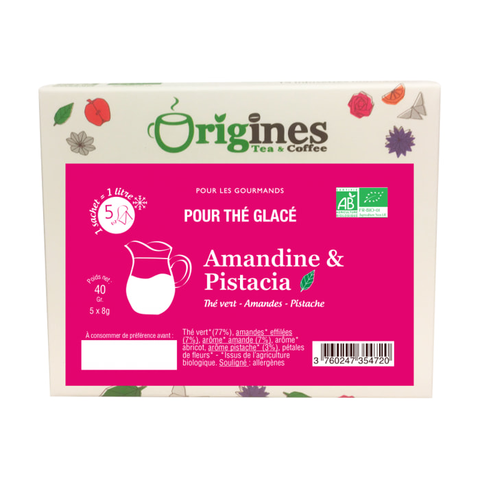 Amandine et Pistacia - Thé vert Bio amande pistache - Infusettes Thé Glacé 5x8g