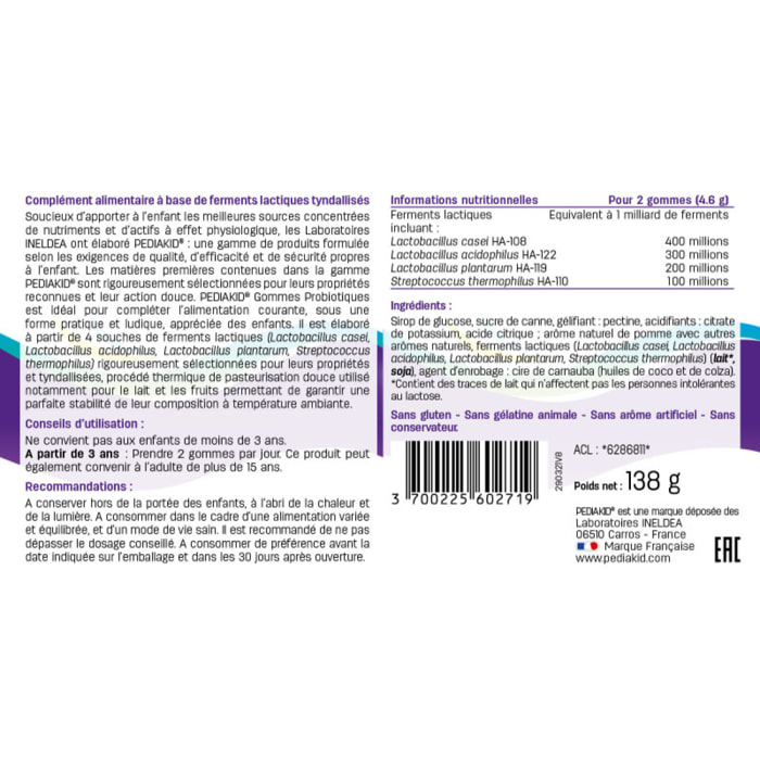 PEDIAKID - Gommes P'tit Biotic - Formule Naturelle au Délicieux Arôme de Pomme - Contribue à Enrichir la Flore Intestinale - Soutient les Défenses de l'Organisme - Lot de 3 piluliers