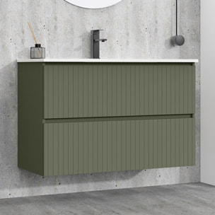 Conjunto de Baño Miya | Mueble de Baño Suspendido | 100 cm Verde Musgo| Dos Cajones | Lavabo Encastrado | No incluye Espejo | Alday