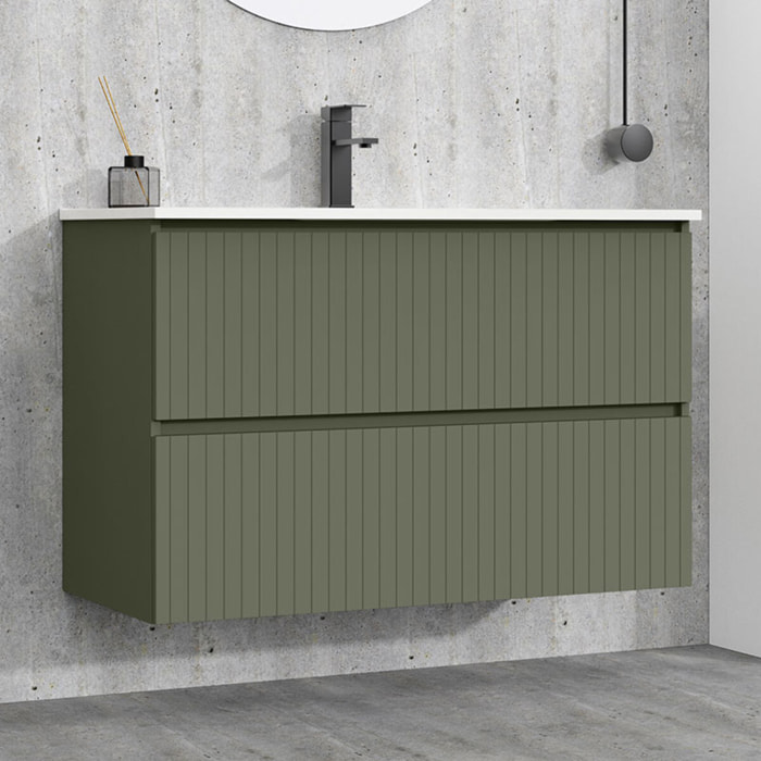 Conjunto de Baño Miya | Mueble de Baño Suspendido | 100 cm Verde Musgo| Dos Cajones | Lavabo Encastrado | No incluye Espejo | Alday