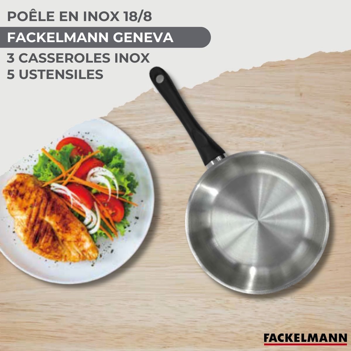 Lot Poêle et 3 Casseroles 12/16/20 cm Fackelmann Geneva avec 5 ustensiles Vario