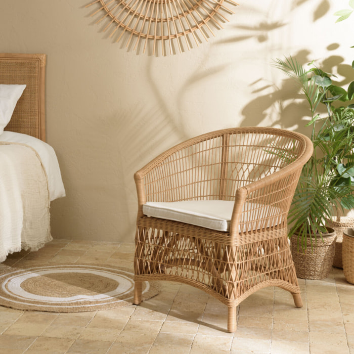 KALLY - Fauteuil en rotin naturel avec coussin d'assise blanc