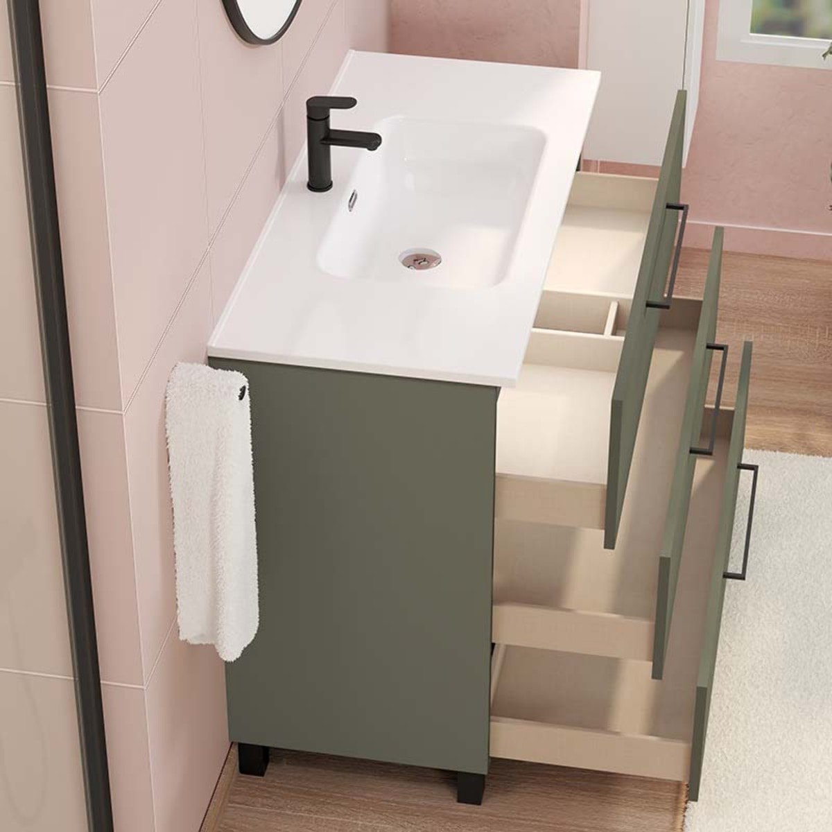 Ensemble De Salle De Bain Haru | Meuble De Salle De Bain Avec Pieds | 100 Cm Vert| 3 Tiroirs | Vasque Ceramique | N'Inclut Pas Miroir | Alday