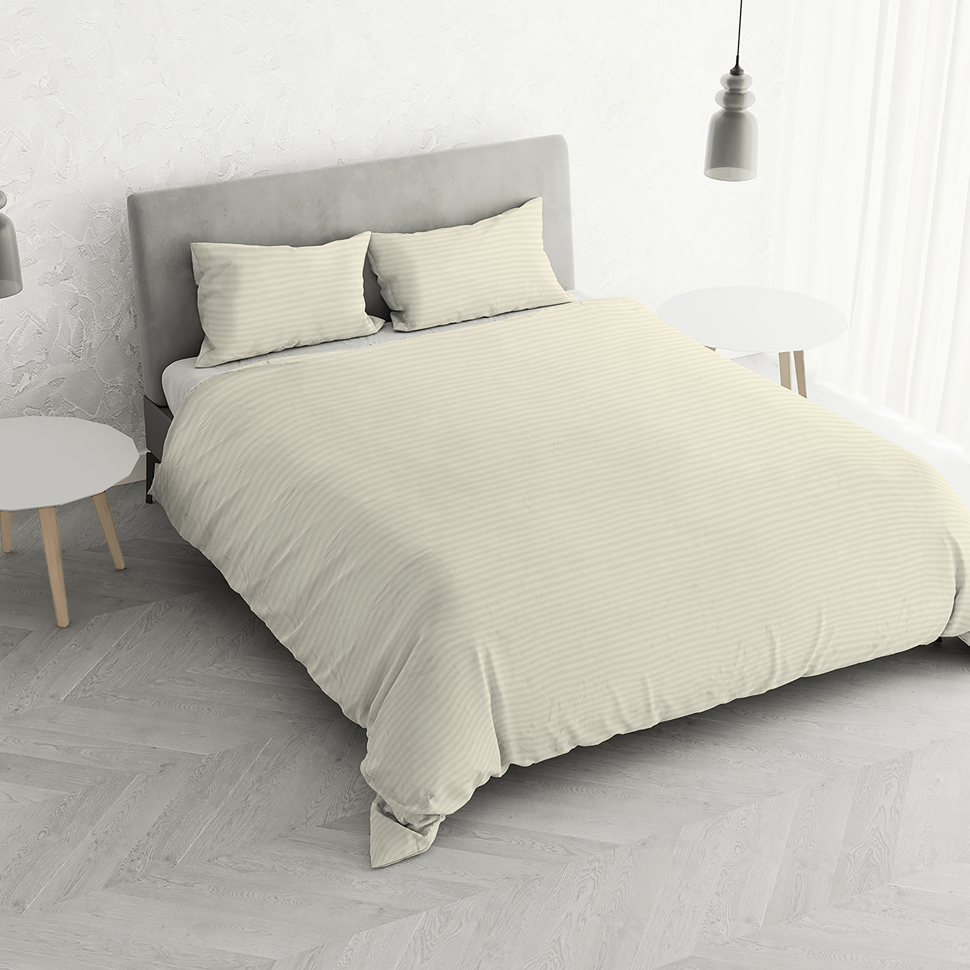 PARURE COPRIPIUMINO SATIN STRIPES, 100% Raso di Poliestere, Made in Italy, No Stiro - PANNA