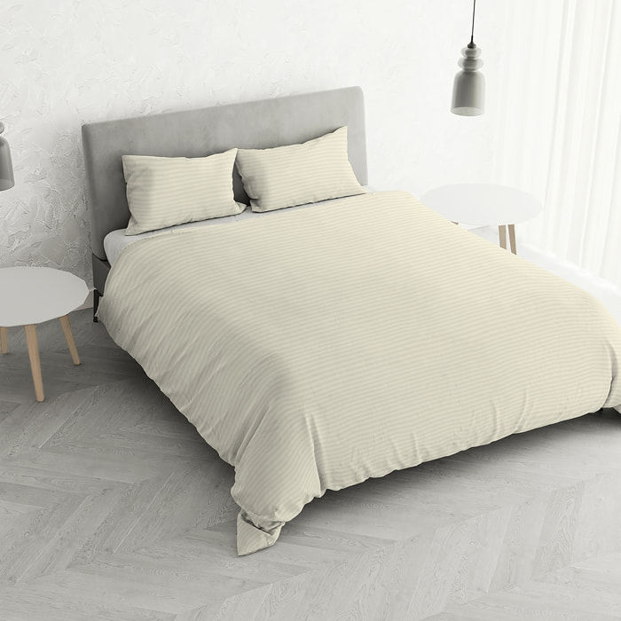 PARURE COPRIPIUMINO SATIN STRIPES, 100% Raso di Poliestere, Made in Italy, No Stiro - PANNA