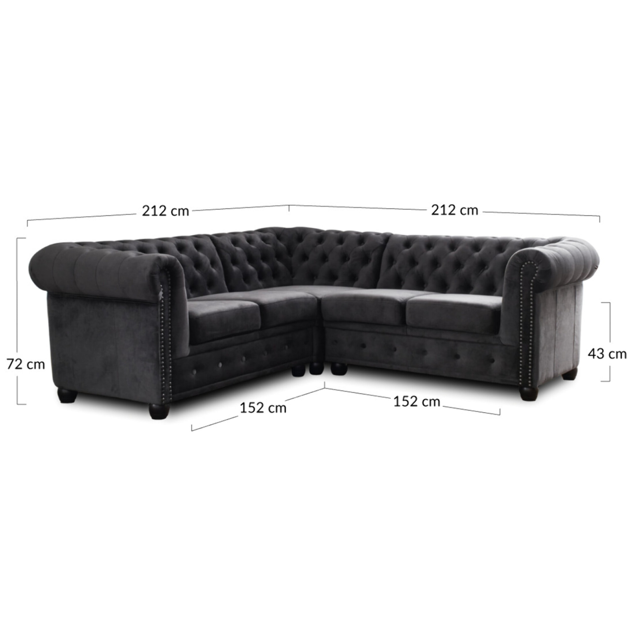 William - canapé Chesterfield d'angle réversible - 5 places - en velours - Gris foncé