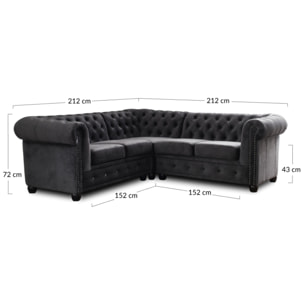 William - canapé Chesterfield d'angle réversible - 5 places - en velours - Gris foncé