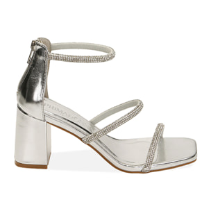 Sandalias laminadas plateadas, tacón de 7,5 cm