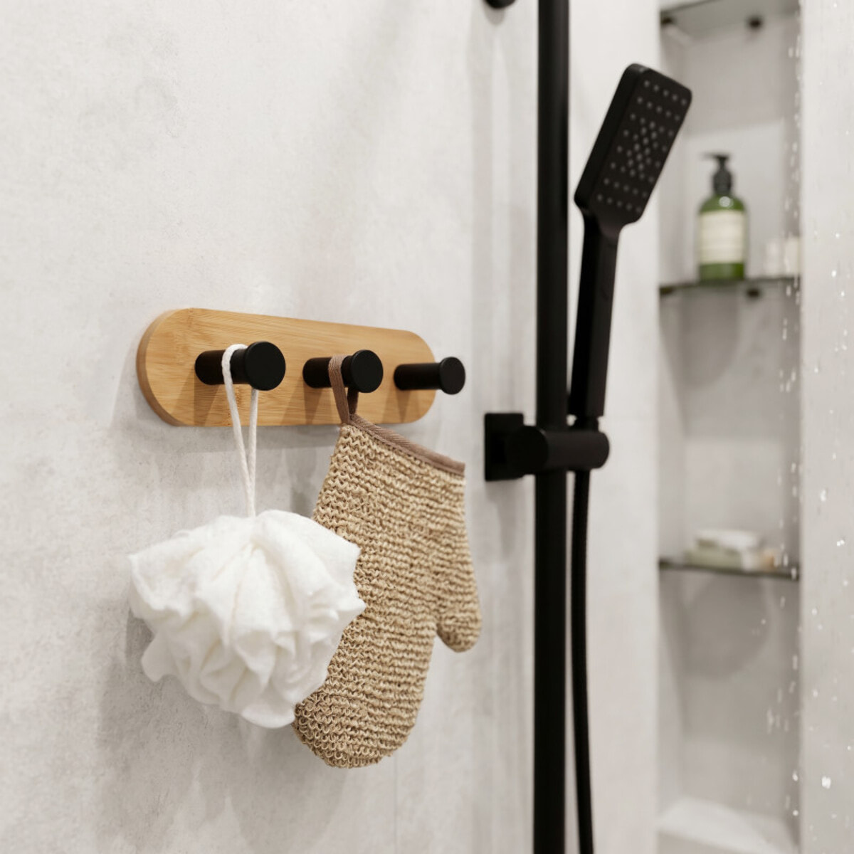 Porte manteaux, patères 3 crochets sans perçage YONO Noir & Bambou MSV