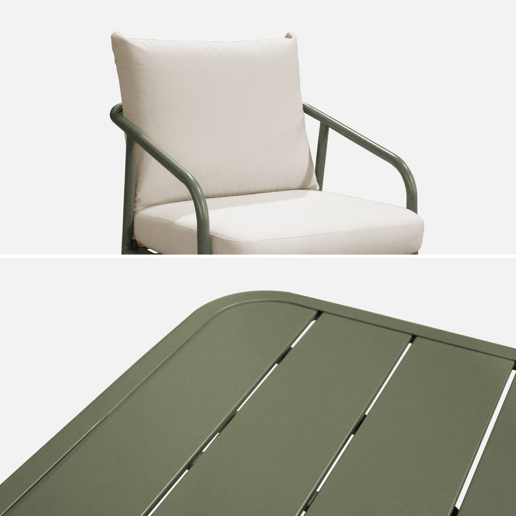 Salon de jardin en acier. structure kaki. coussins beige. 5 places