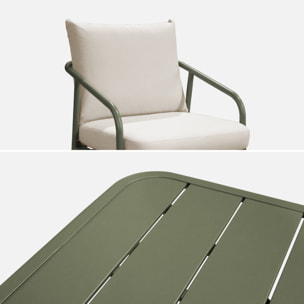 Salon de jardin en acier. structure kaki. coussins beige. 5 places
