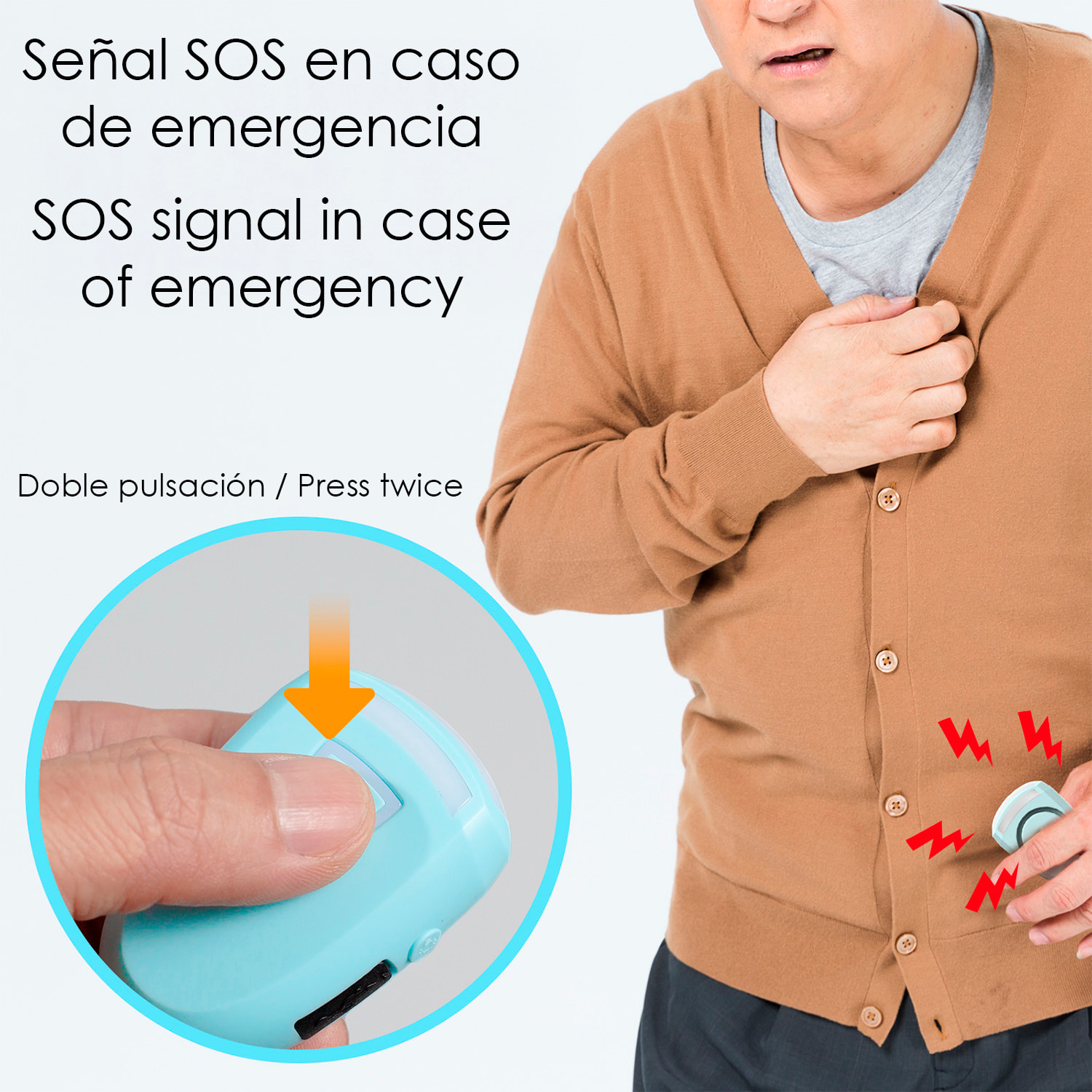 Allarme SOS personale con LED brillante e suono di 130 dB. Batteria ricaricabile e attivazione rapida con tirante anello.