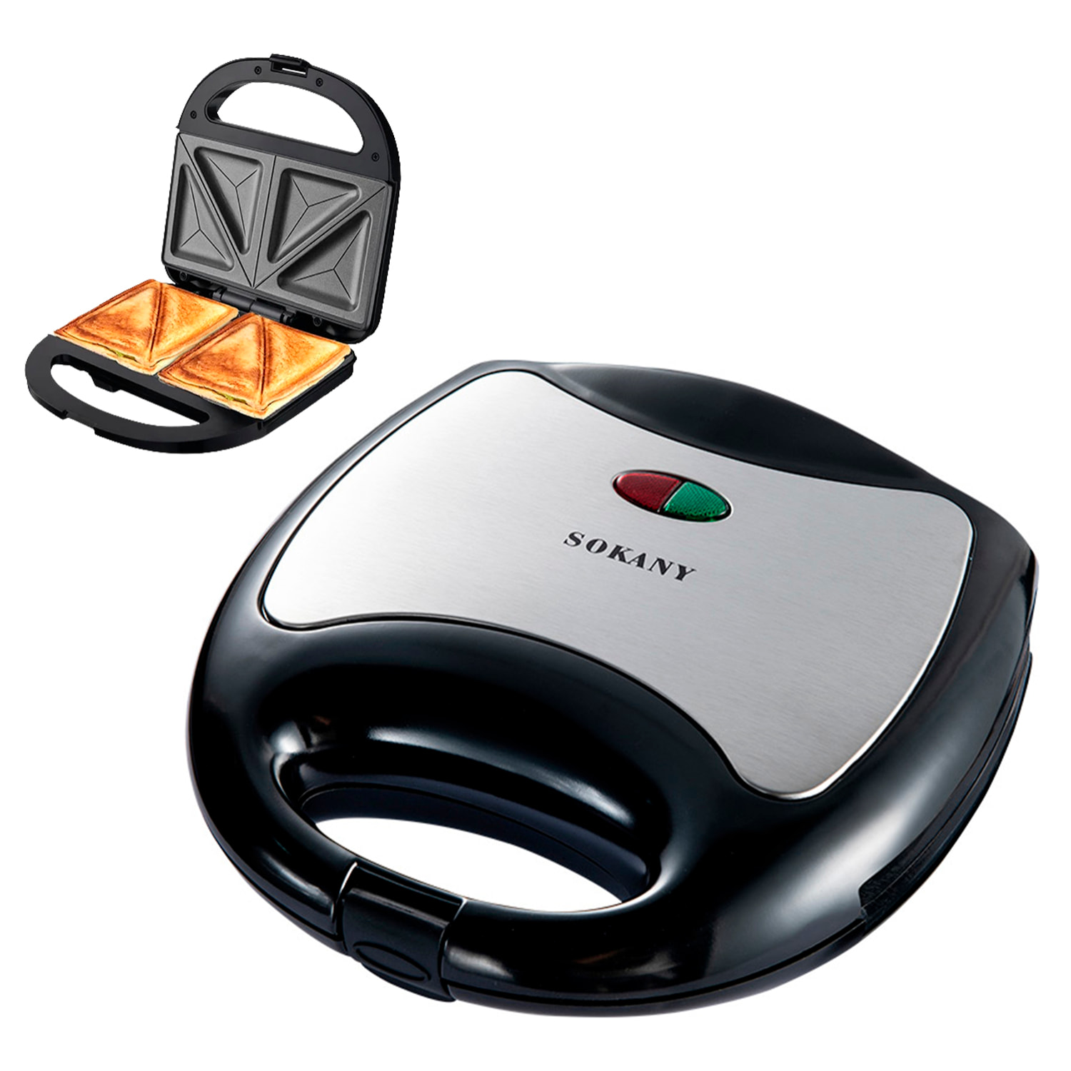 Sandwichera antiadherente con 750W de potencia y luz indicadora. Placas triangulares especiales sandwich.