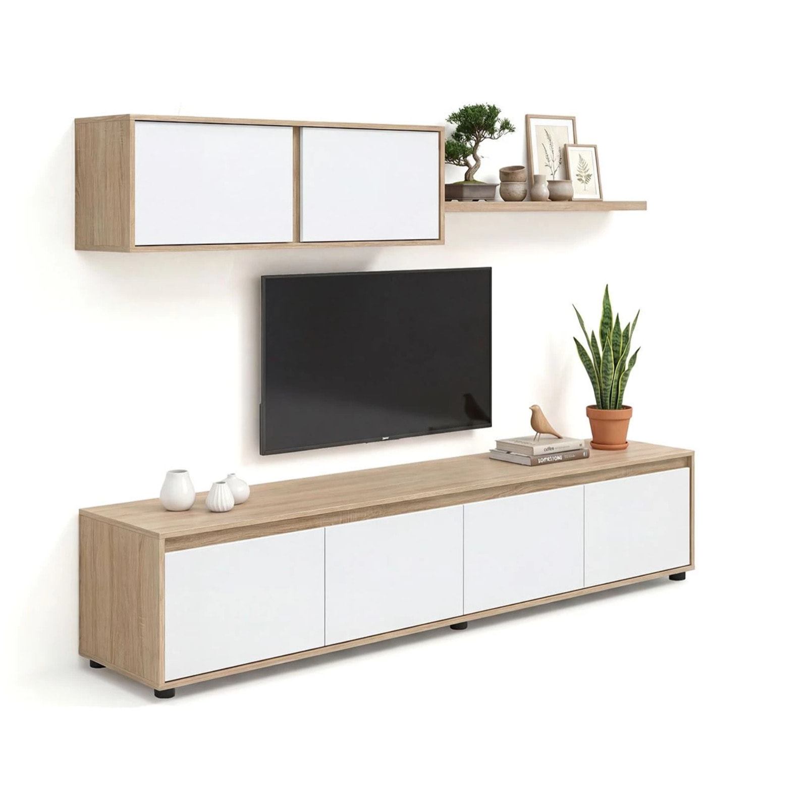 Salón con mueble de TV y estantería en roble canadian y blanco artik 200 cm Arlet Roble Canadian - Blanco Artik (Blanco Mate)