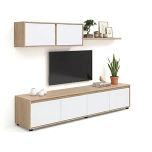 Salón con mueble de TV y estantería en roble canadian y blanco artik 200 cm Arlet Roble Canadian - Blanco Artik (Blanco Mate)