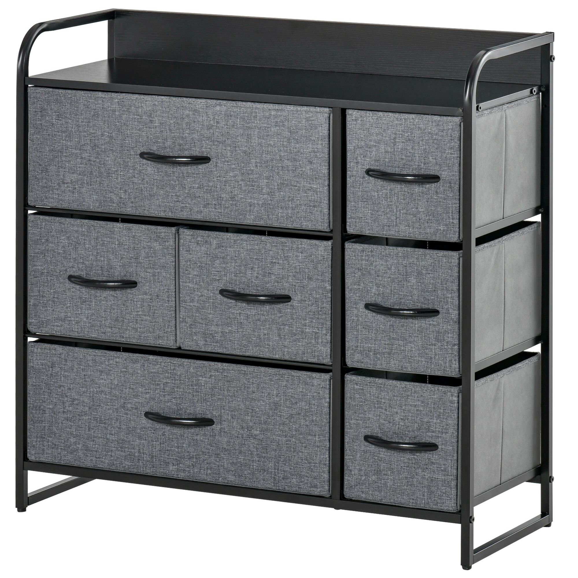 Meuble de rangement commode 7 tiroirs plateau acier MDF noir non tissé gris