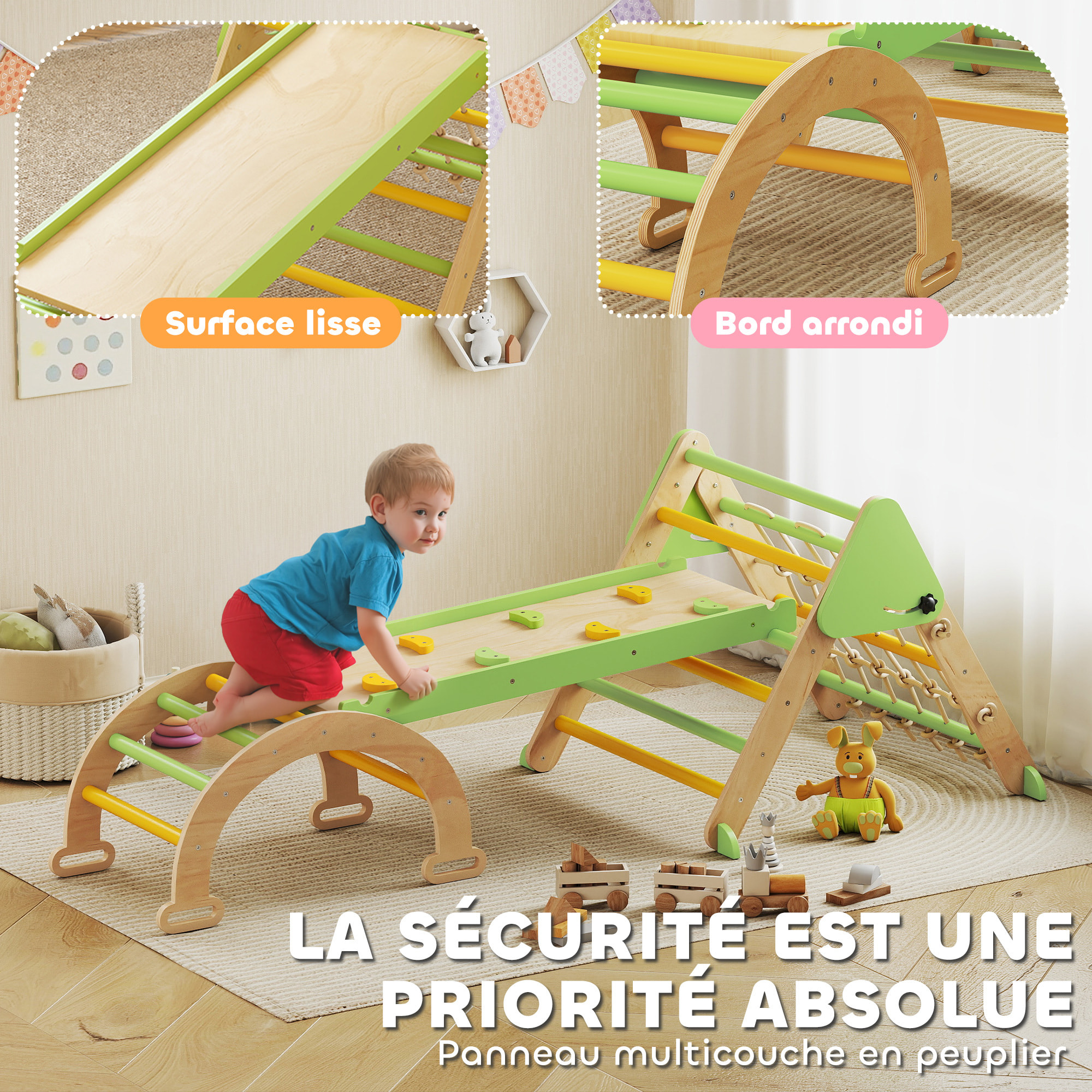 Triangle d'escalade enfant pliable 8 en 1 - aire de jeu enfant - bois vert