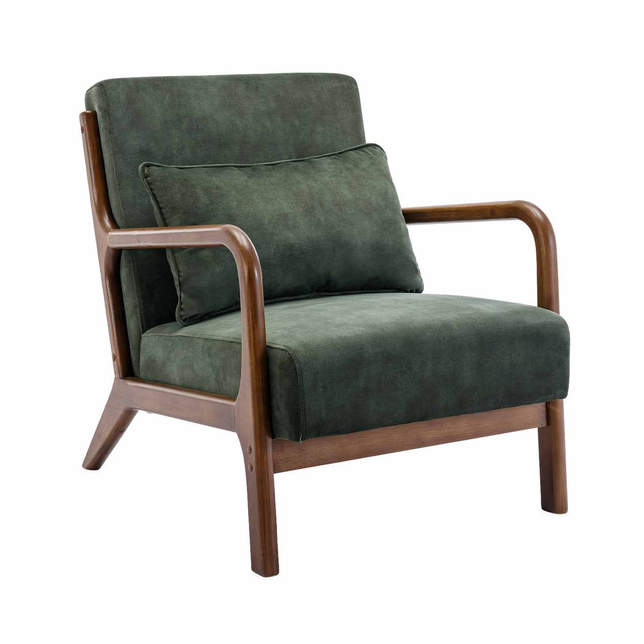 Fauteuil en velours kaki foncé. pieds bois d'hévéa teinté noyer clair. 1 place droit fixe. pieds compas scandinave