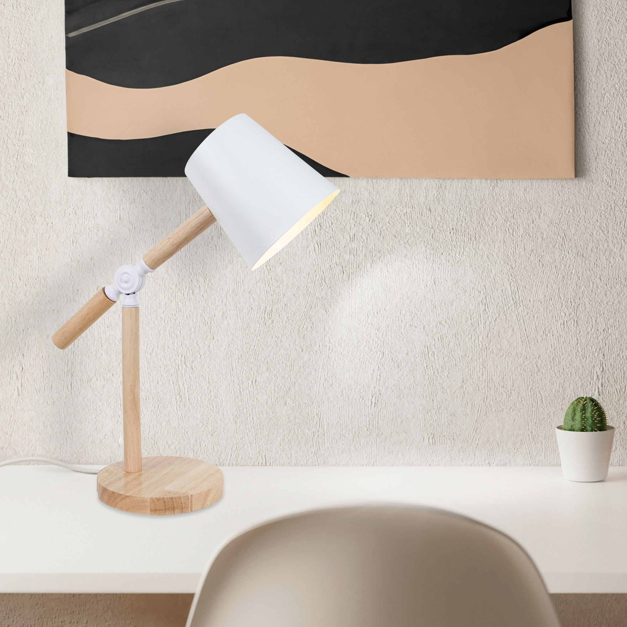 Forlight Flexo LED E27 15W - Diseño Moderno y Funcional con Detalles en Madera Clara, Brazo y Cabezal Orientables, Ideal para Escritorios y Espacios de Trabajo, Blanco 40 cm