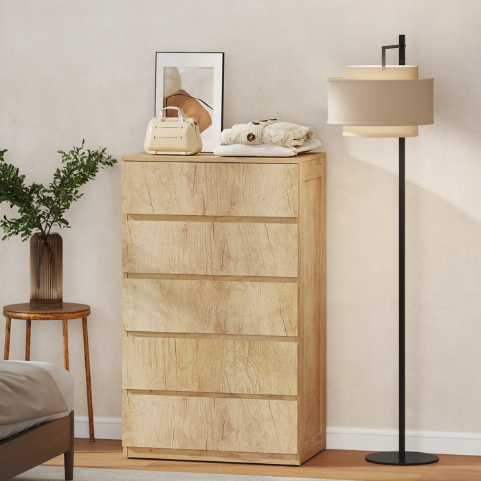 Cómoda 5 Cajones, Cómoda Dormitorio Moderna, Sinfonier, Diseño sin Tiradores, Cajonera para Sala de Estar, Comedor, Entrada, 60x39x100 cm, Madera Natural