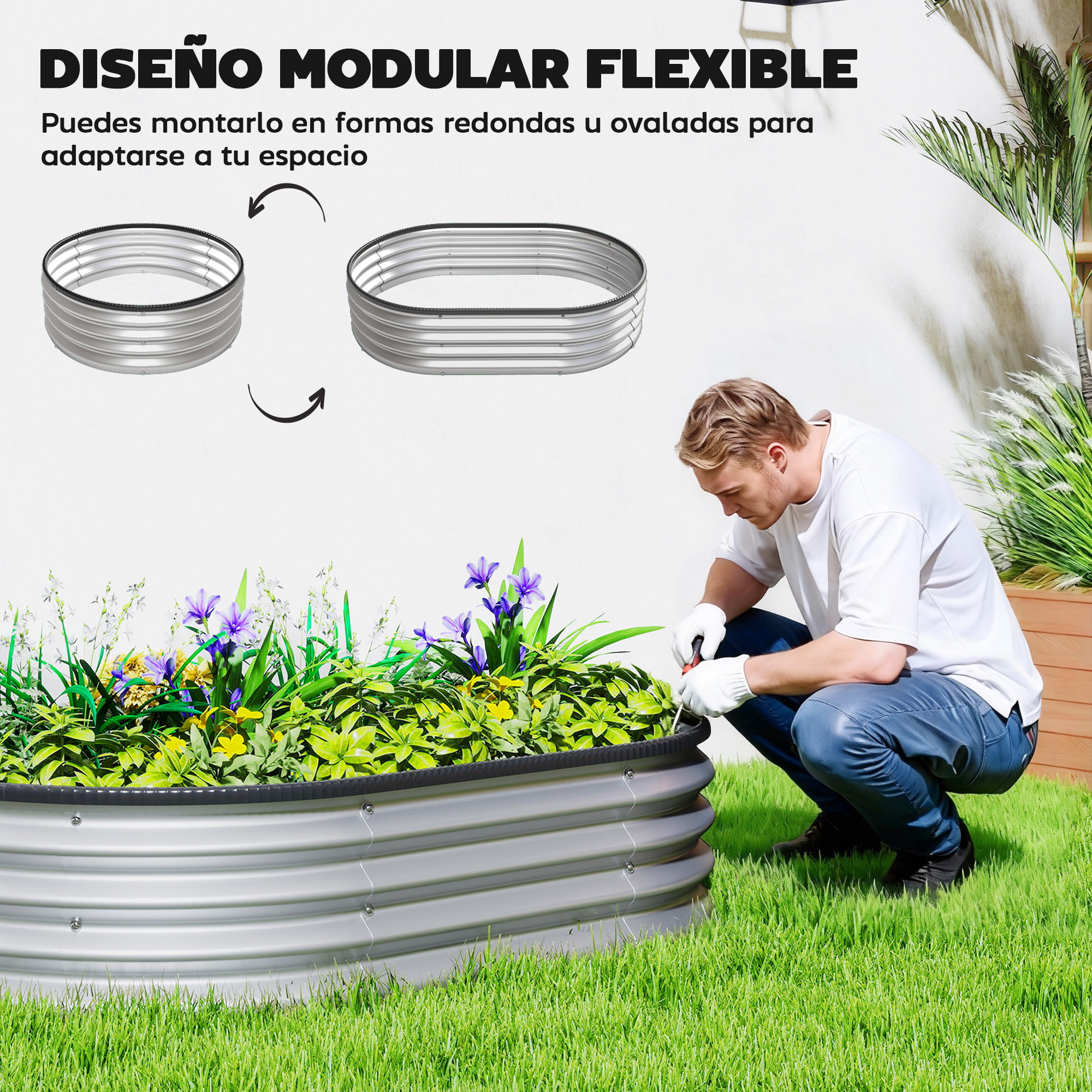 Juego de 2 Jardineras Exterior Grandes de Acero Galvanizado, Huertos Urbanos, Maceteros Exterior Modular con Base Abierta para Plantas, Resistente a la Intemperie, 135x90x30 cm, Plateado