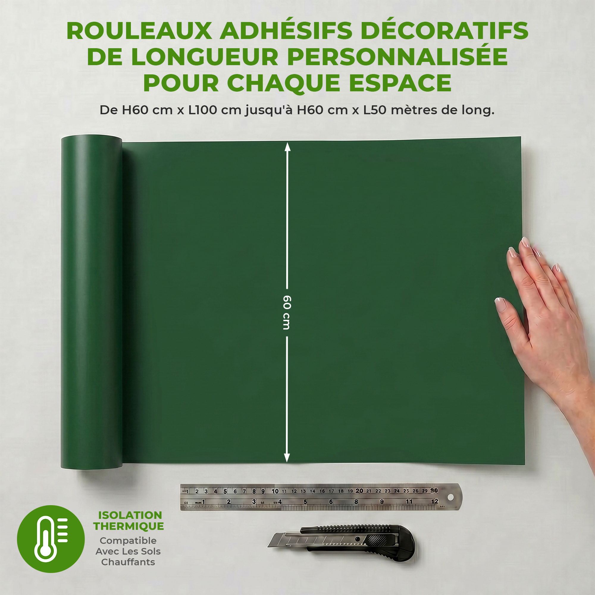 Rouleau adhésif décoratif Vinyle au Mètre - Vert fonce - Sticker Lavable Imperméable Mur Cuisine Meubles