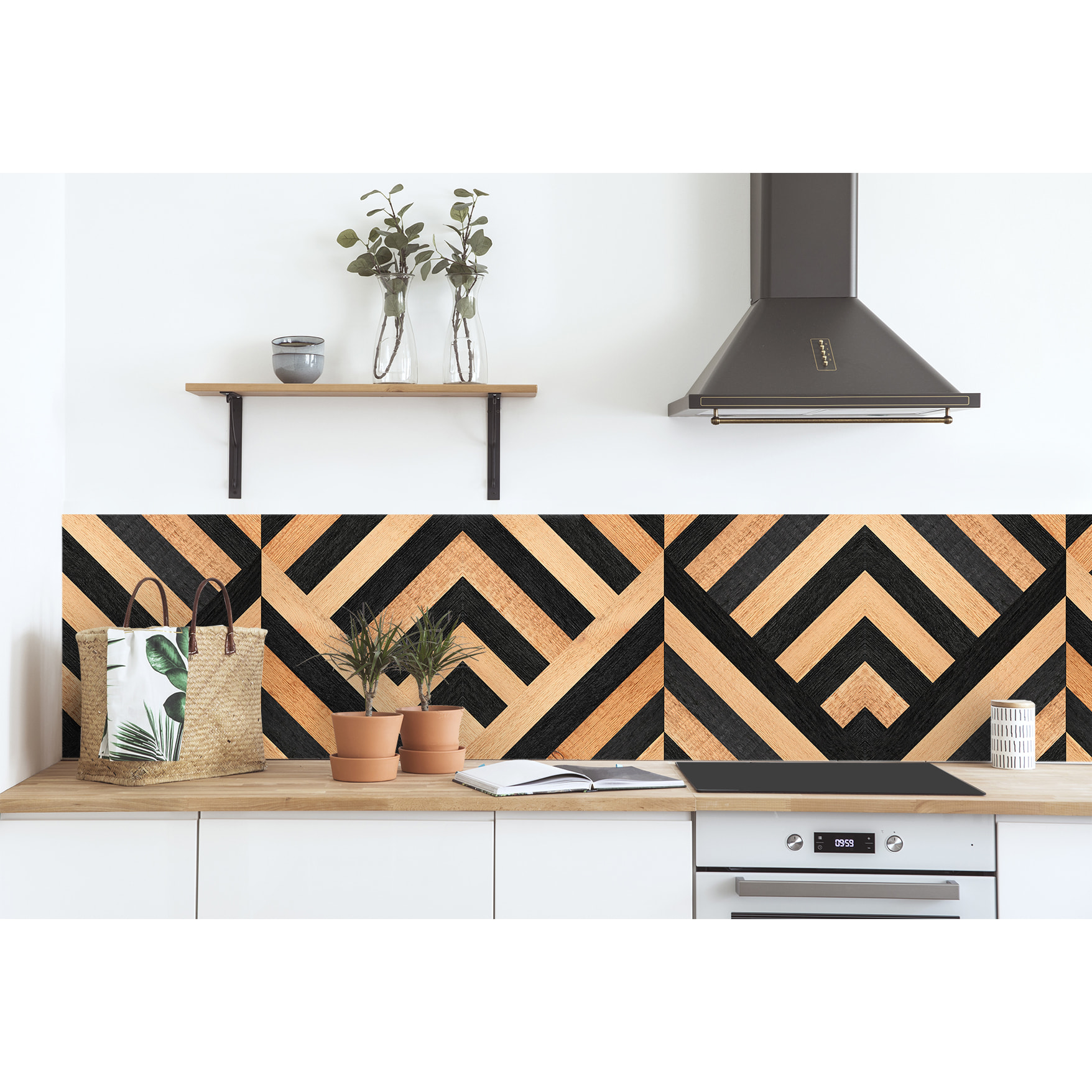Stickers adhesivos de CERAMIKO - Geométrico madera y negro 65x100