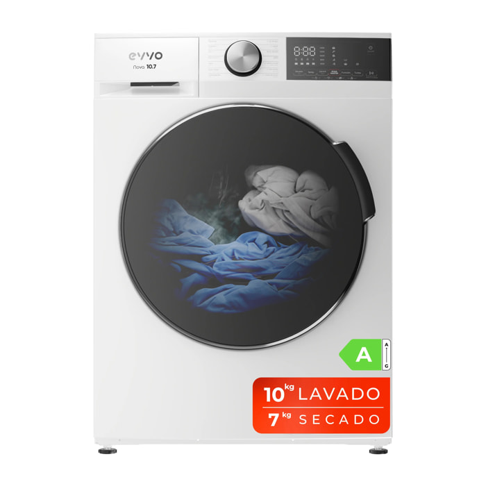 EVVO Lavadora-secadora Nova 10/7 kg, 1350 rpm, Clase A, inverter, vapor Steam Wash, 14 programas, Smart LOAD, 15’ rápido, blanca