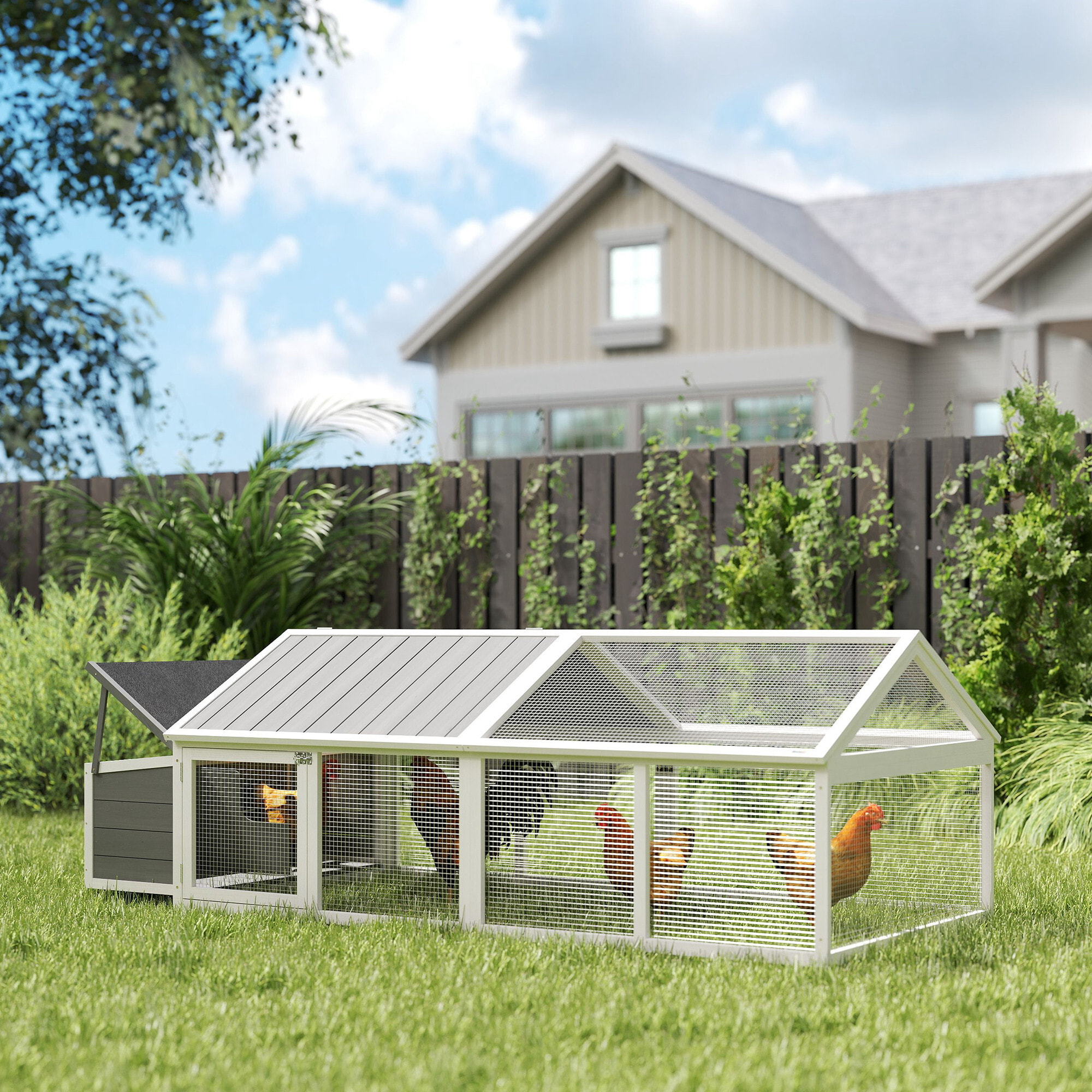 Poulailler espace couvert pondoir 2 zones - porte, toit ouvrant - 2,4 x 1,12 x 0,76 m - bois gris blanc