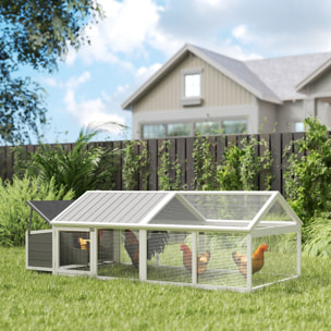 Poulailler espace couvert pondoir 2 zones - porte, toit ouvrant - 2,4 x 1,12 x 0,76 m - bois gris blanc