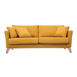 Canapé scandinave déhoussable 3 places en tissu effet velours jaune moutarde et bois clair OSLO