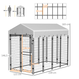 Chenil extérieur chien - cage chien - enclos chien - toile toit imperméable anti-UV, 2 portes verrouillables - acier noir PE gris