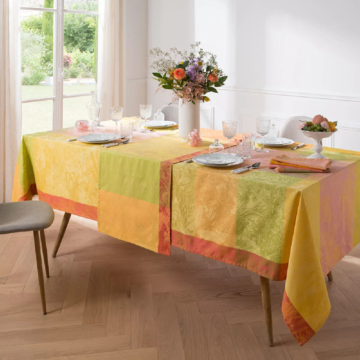 Chemin de table pur coton motif jacquard multicolore Mille esprit jardin chatoyant