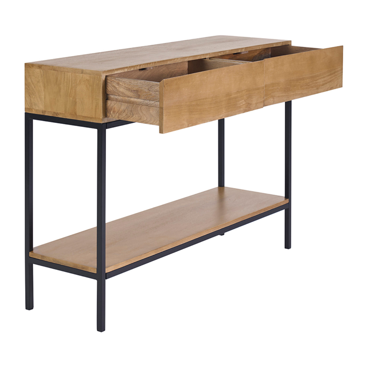 Console industrielle avec rangements 2 tiroirs en bois manguier massif et métal noir L110 cm YPSTER