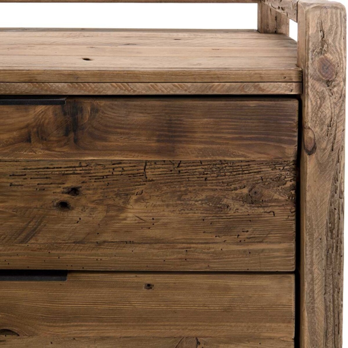SANDY - Commode marron 2 tiroirs bois Pin recyclé poignées métal noir