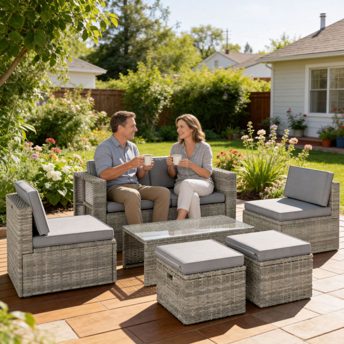 Salon de Jardin 6 personnes 6 pièces encastrable résine coussins déhoussables gris